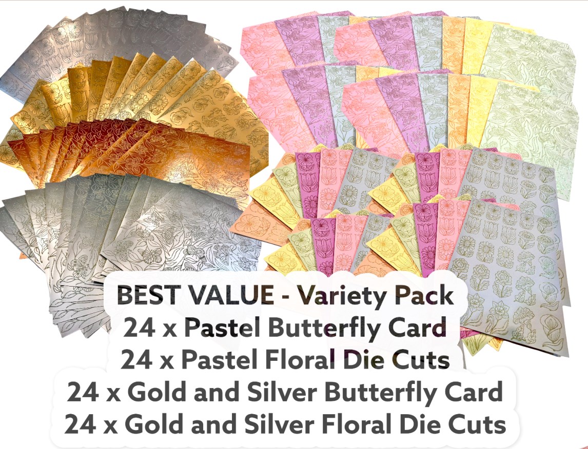 BEST VALUE Variety Pack - 96 Sheets - 48 x Floral Die Cuts and 48 Butterfly Card
