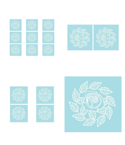 Digital White Work Rose & Leaf Swirl <b>Mid Blue 4 Sizes - 4 x A4 Sheets Downlo